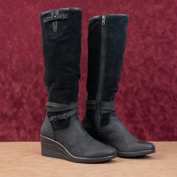 UGG Women Lesley Black Waterproof Suede Wedge Knee Boots sz 6 - Picture 1 of 8
